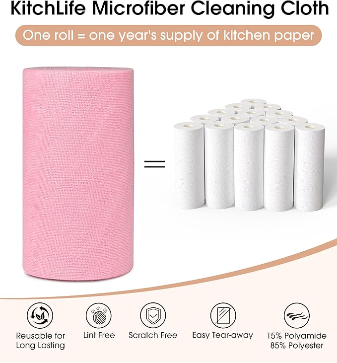 KitchLife Microfiber Cleaning Cloth Roll, 100 Pack - Tear-Away Microfiber Paper Towels, Lint-Free, Reusable, Washable for Kitchen, Car, Dishes, and Sensitive Surfaces (Pink)