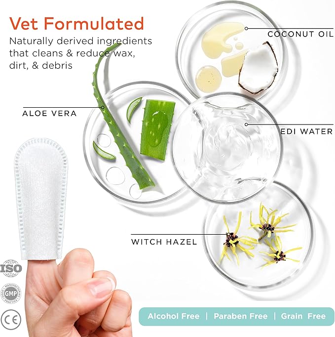 Dog Ear Cleaner Wipes - Vet Formulated Cleanser for Dogs - Ear Itching, Dissolves Wax, Dirt & Odor with Coconut Oil & Aloe Vera (50 Finger Wipes)