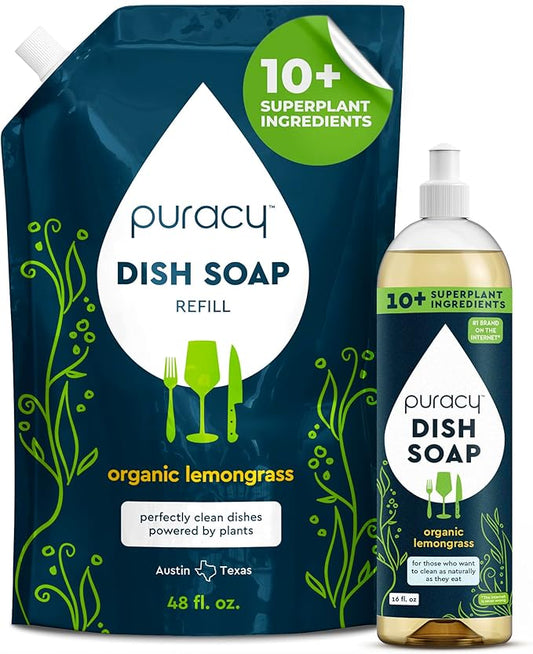 Puracy Natural Dish Soap Refill - Skin-Softening Plant-Based Liquid Dishwashing Detergent Soap, Clean-Rinsing Water-Sheeting Formula (Organic Lemongrass, 16+48 fl oz)