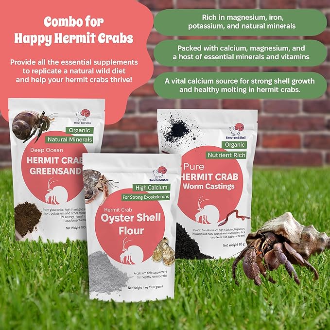 Hermit Crab Supplement Bundle – Greensand, Oyster Shell Powder and Worm Castings – Molting Support, Natural Calcium, Minerals and Protein – Auto Feeder Friendly, USA Sourced, Organic, Non-GMO