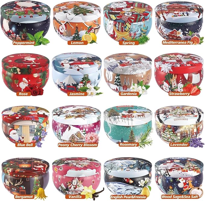 16 Pack Christmas Scented Candles Gift Set 2.5oz Strong Fragrance jar Candles Natural Soy Wax Candles Portable Travel Tin Jar Candles Gifts for Home Scented Decoration Birthday Valentine'sDay