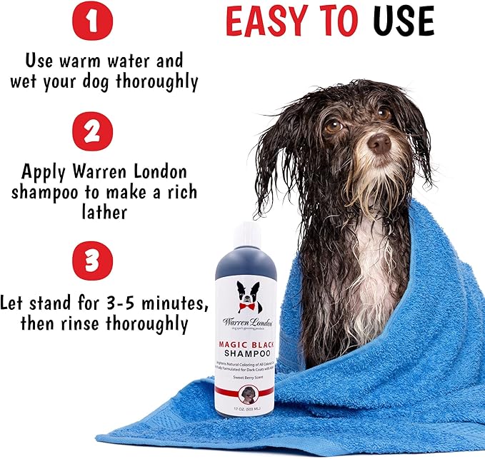 Warren London Magic Black Dog Shampoo | Brightens Any Dog Coat | Formulated for Darker Dog Coats | Puppy and Cat Safe Grooming Supplies | Berry Scent | Made in USA | 17oz