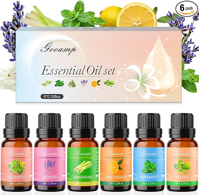 Essential Oils Set-Top 6 Organic Blends for Diffusers,Candle Making,Aromatherapy,Humidifiers,Gifts - Peppermint,TeaTree,Lavender,Eucalyptus,Lemongrass,Orange(6X0.33 fl oz)