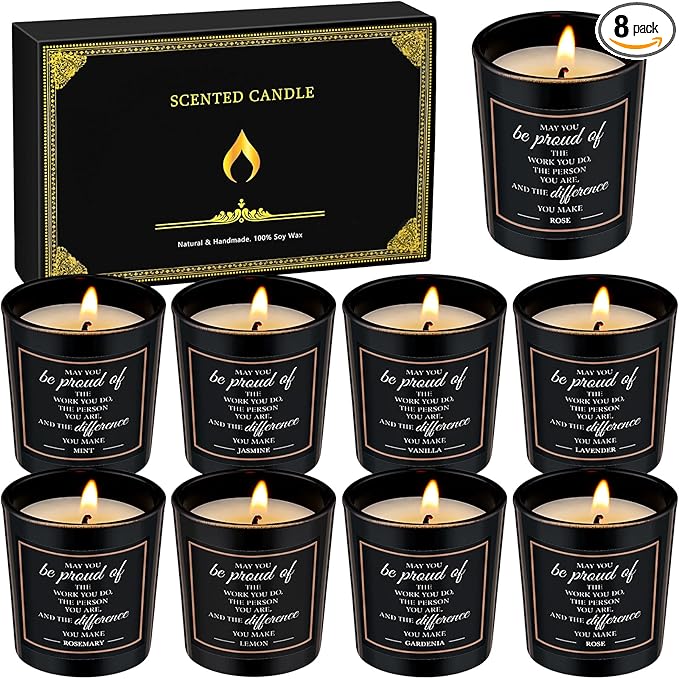MTLEE 8 Pcs Employee Teacher Appreciation Gifts Scented Candles Gift Set Inspirational Soy Wax Jar Candle for Employee Teachers Presents Thank You Gift for Coworker Women Men, 8 Fragrances (Proud)