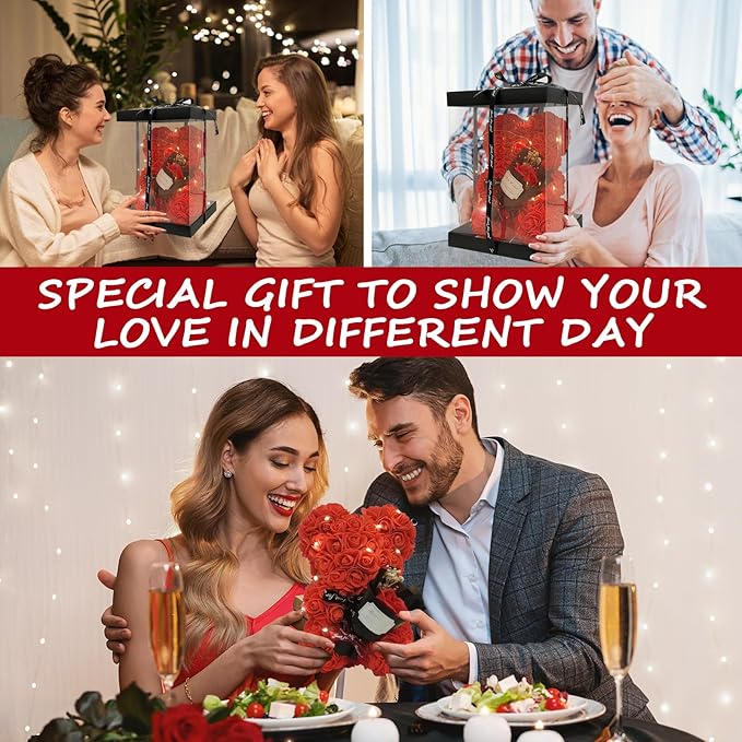 Romantic Valentines Day Gift for Her Rose Artificial Flower Rose Teddy Bear for Wife, Girlfriend Mother Daugther Women. Blind Box Gift for Christmas Birthday Wedding Anniversary (Red Bear)
