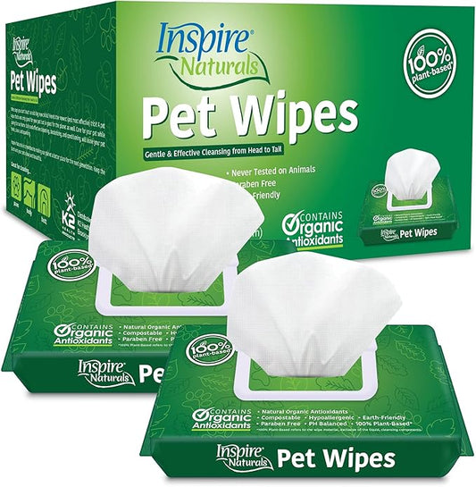 Inspire Naturals Pet Wipes for Dogs and Cats 100% Natural Plant Based with Organic Antioxidants, Dog Wipe Cleaning Deodorizing | Puppy Wipes | Dog Wipes for Paws and Butt(100ct - 2 Pack)