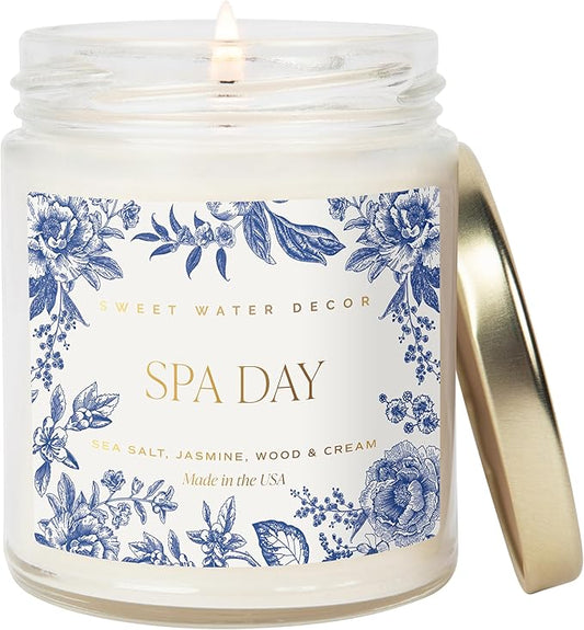 Sweet Water Decor Spa Day Patterned Candle – Soy Candles with Sea Salt, Jasmine, Wood, Cream Aroma– 40 Hour Burn – 9oz Clear Glass Jar – Ideal for Valentines Presents or Any Special Occasion