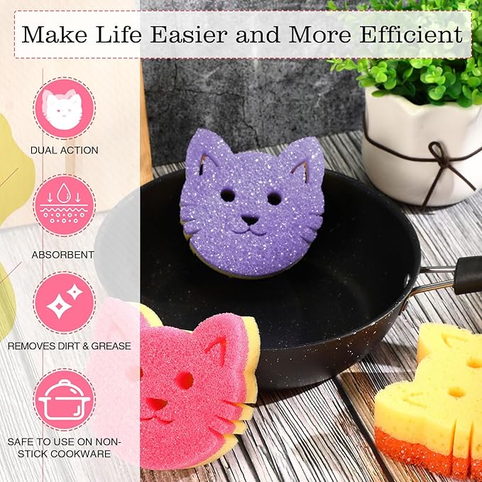 3 Pcs Dual Sided Scrub Sponge Multi Functional Cute Temperature Sensitive Non Scratch Dish Sponge for Washing Dishes Kitchen Bathroom(Cat,Pink, Yellow, Purple)