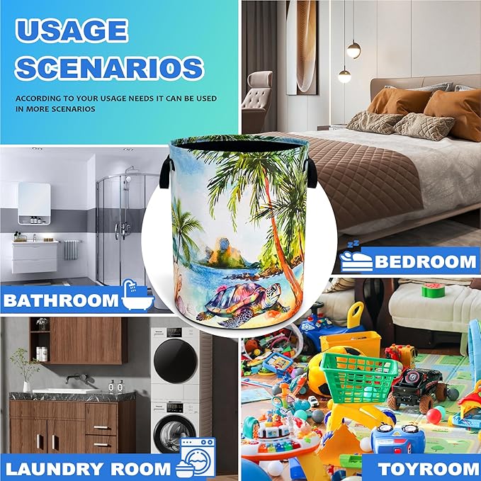 Hawaiian Beach Sea Turtle Laundry Basket Oxford Cloth Laundry Hamper With Handle Foldable Portable Clothes Storage Basket 18.9 X 16.5 In Storage Bag For Laundry Room/Bathroom/Bedroom/Dormitories