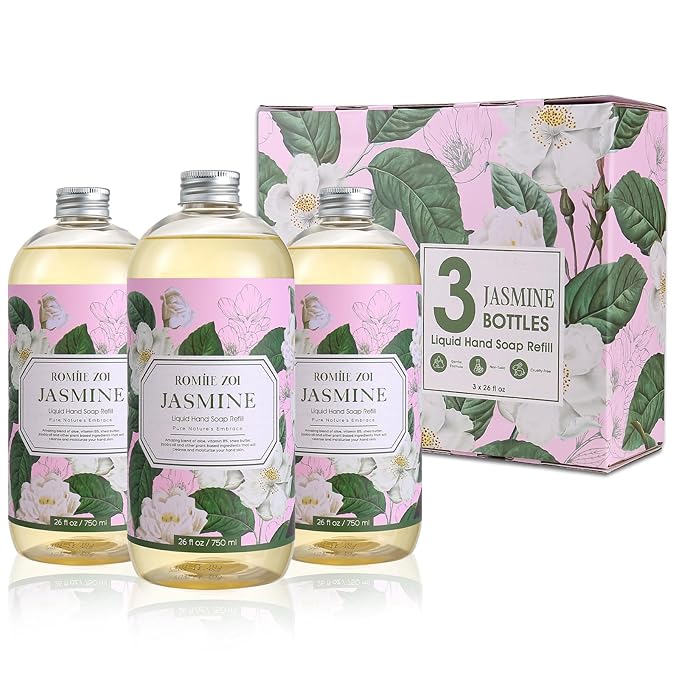 ROMIIE ZOI Liquid Hand Soap Refills Gift Set – Jasmine Scent – 3 x 26Fl Oz Bottles – Plant-Based, Non-Toxic, Gentle & Moisturizing Formula with Essential Oils – for Bathroom, Kitchen & Home Gifting