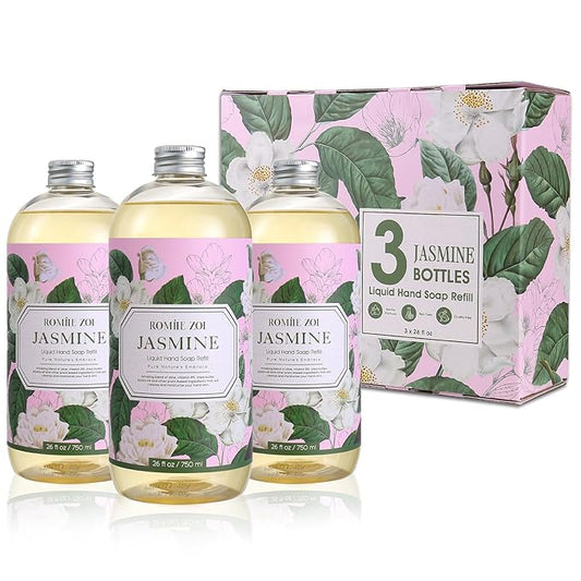 ROMIIE ZOI Liquid Hand Soap Refills Gift Set – Jasmine Scent – 3 x 26Fl Oz Bottles – Plant-Based, Non-Toxic, Gentle & Moisturizing Formula with Essential Oils – for Bathroom, Kitchen & Home Gifting