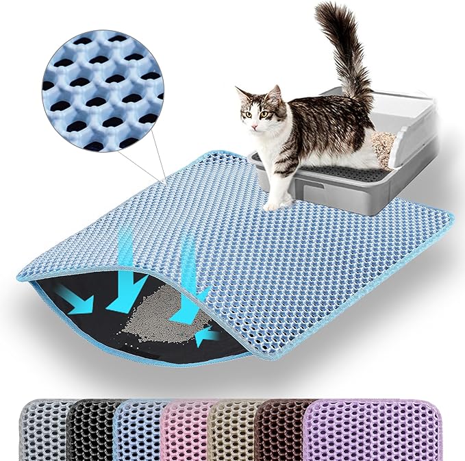 Small Cat Litter Mat, 20x14’’ Double Layer Honeycomb Cat Litter Box Mat, Non Slip Waterproof Urine Proof Litter Trapping Mat for Floor, Kitty Litter Pad, Indoor Pet Supplies, Blue