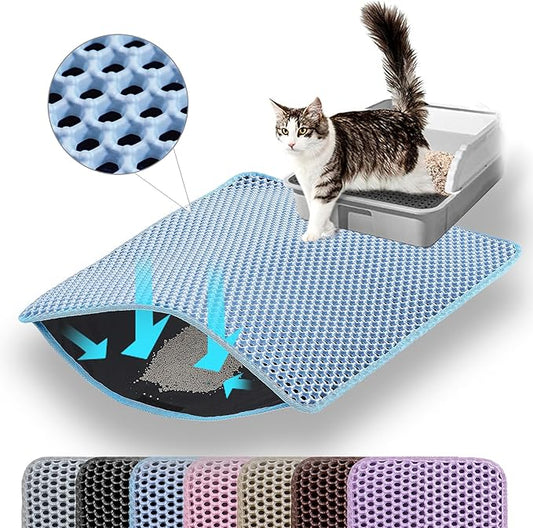Small Cat Litter Mat, 20x14’’ Double Layer Honeycomb Cat Litter Box Mat, Non Slip Waterproof Urine Proof Litter Trapping Mat for Floor, Kitty Litter Pad, Indoor Pet Supplies, Blue
