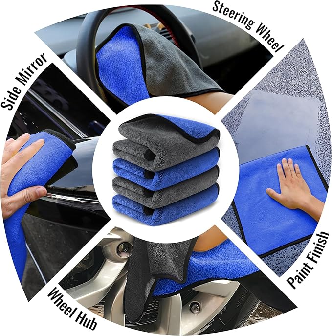Airlab Microfiber Towels for Cars Wash Drying Thick Plush Cleaning Cloth Auto Detailing Super Absorbent for Interior & Exterior Lint Free, Streak Free, 16" X 16", 800 GSM, Pack of 4