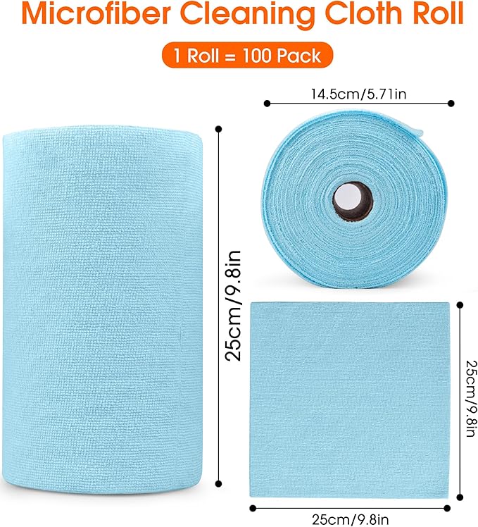 Roll of Microfiber Cleaning Cloth –100 Pack, Tear Away Microfiber Towels, Reusable, Washable, Scratch-Free, Cleaning Supplies,Kitchen Towels for Car, Home, Kitchen, Glass, Dishes(Blue)