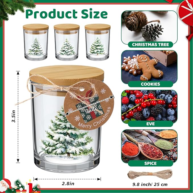 12 Pack Christmas Trees Clear Candle Jars for Making Candles 7 oz Empty Glass Jars with Wood Lids and Blessing Card Xmas Pine Candle Containers for DIY Gifts Home Tea Party Holiday Decor
