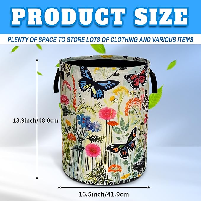 Watercolor Butterfly Laundry Basket Oxford Cloth Flowers Laundry Hamper With Handle Foldable Portable Clothes Storage Basket 18.9 X 16.5 Inch Storage Bag For Laundry Room/Bathroom/Bedroom/Dormitories