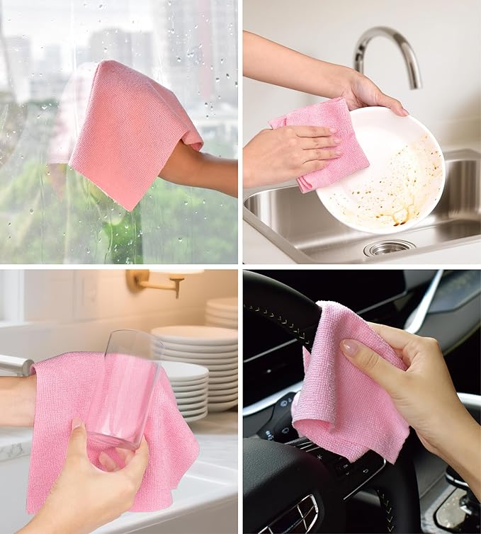 Roll of Microfiber Cleaning Cloth –100 Pack, Tear Away Microfiber Towels, Reusable, Washable, Scratch-Free, Cleaning Supplies,Kitchen Towels for Car, Home, Kitchen, Dishes (Pink)