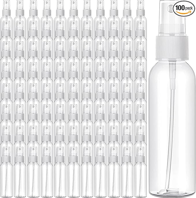 100 Pack 2 Oz Plastic Mini Spray Bottles with Refillable Mist Sprayer for Travel and Household Use for Perfume Essential Oils Cleaning (Clear)