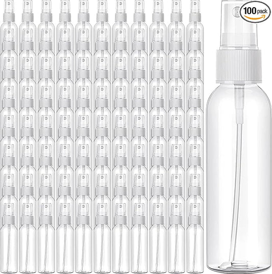 100 PCS 3.4 oz Plastic Spray Bottles with Fine Mist Nozzles for Travel Cosmetic Refillable Perfume and Essential Oil Use(White Clear)