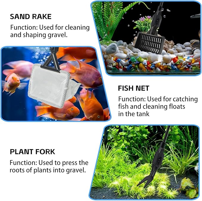 Aquarium Cleaning Tools, 7 in 1 Fish Tank Cleaning Kit with Adjustable Long Handle,Aquarium Sponge Brush, Scraper Cleaner,Fish Net,Tube Brush,Fork,Gravel Rake for Fish Tank Cleaner