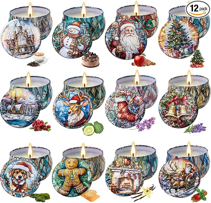 12 Pack Christmas Candles for Women Men: Long Lasting Winter Candle Set, Holiday Scented Candles for Home Scented, Soy Candle Gift Set for Bath Meditation Relaxing, Birthday Christmas Gifts Home Decor