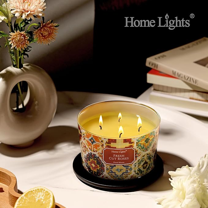 HomeLights 4-Wick Candles for Home Scented - 18oz Soy Wax Blend Candle Long-Lasting Fragrance, Bohemian Natural Textures Home Decor and Housewarming Gifts, Fresh Cut Roses