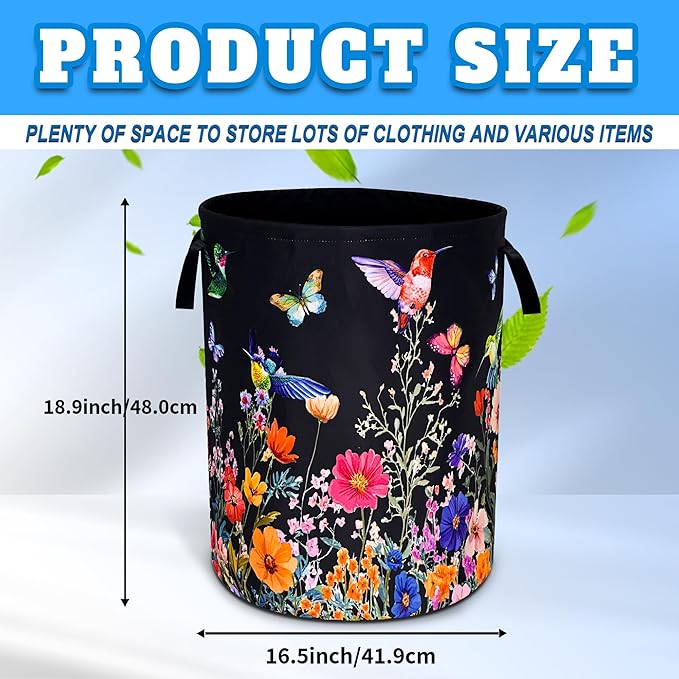 Hummingbird Flowers Laundry Basket Oxford Cloth Butterflies Laundry Hamper With Handle Foldable Portable Clothes Storage Basket 18.9 X 16.5 In Storage Bag For Laundry Room/Bathroom/Bedroom/Dormitories