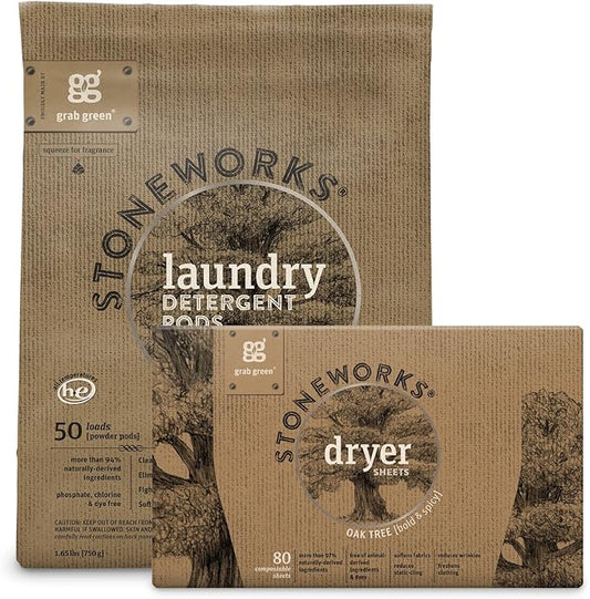 Grab Green Stoneworks Laundry Detergent Pods and Dryer Sheet Bundle, 50 Count Pods and 80 Dryer Sheets, Oak Tree Scent, Plant and Mineral Based Laundry Care Set