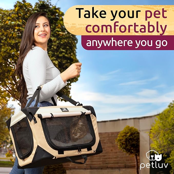 Soft-Sided Cat & Dog Pet Carrier, Medium 20"x13"x13" Fits Most Cats or Small Dog, Comfortable for Travel & Vet Visits, Privacy Windows, Removable Plush Bed, Top/Side Entry, Locking Zippers, Folds Flat