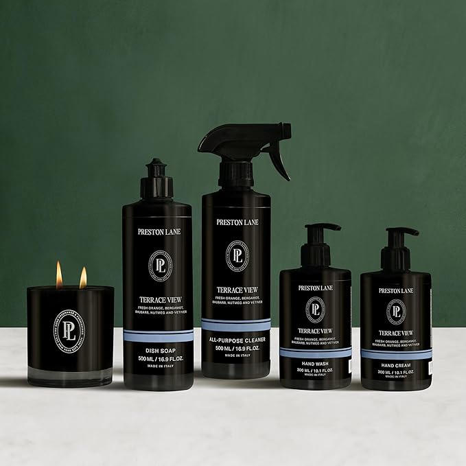 Preston Lane Signature Home Set – All Purpose Cleaner, Dish Soap, Hand Wash, Hand Cream & Scented Candle | Plant-Powered Cleaning & Care Essentials with Fine Italian Fragrance, Terrace View