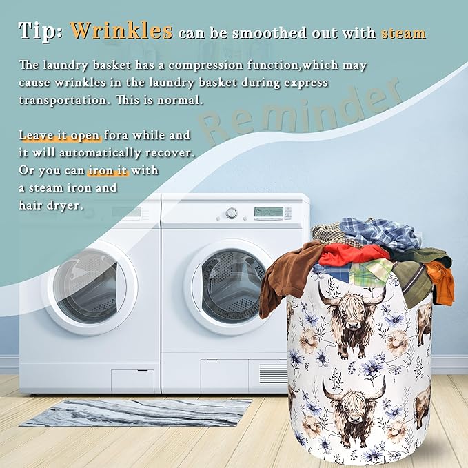 Watercolor Highland Cow Laundry Hamper With Handles Foldable Oxford Cloth Purple Flower Tote Bag Cows Laundry Basket Clothes Toy Storage Bucket 18.9" x 16.5"For Bathroom/Laundry/Bedroom