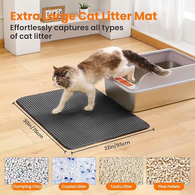 Extra Large Cat Litter Mat, 30x22 Inches Honeycomb Double Layer Cat Litter Trapping Mat, Non Slip Waterproof Urine Proof Large Kitty Litter Box Mat for Floor, Kitten Supplies, XL, Black