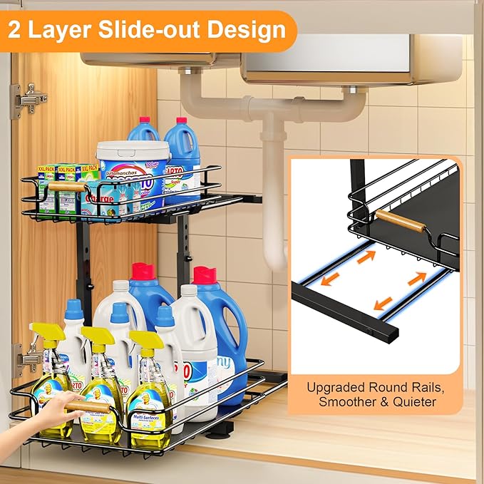 JYPS 2 Pack Under Sink Organizer, 2 Tier Pull out Under Kitchen Bathroom Sink Organizer and Storage, Metal Sliding Drawer for Cabinet Pantry Undersink Organizers Shelf