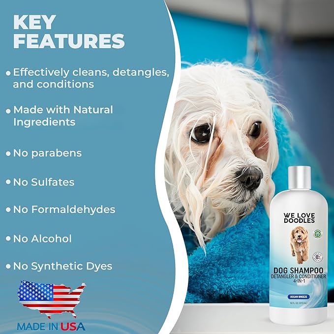 We Love Doodles Dog Shampoo, Conditioner, & Detangler - Shampoo for Dogs, Goldendoodles, Poodles & Doodles, for Matted Pet Hair & Sensitive Skin, Made in The USA, Ocean Breeze, 16 oz