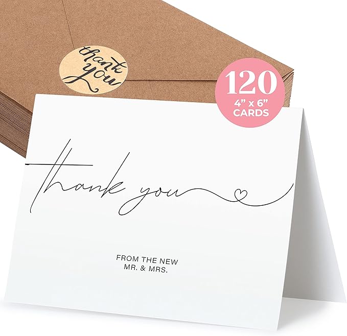 120 Heavyweight Blank Wedding Thank You Cards with Envelopes, Personalized Greetings Gratitude Letter From The New Mr and Mrs, Wedding Thank You Notes with Envelopes & Stickers (4x6 Inches) (120 Pack)