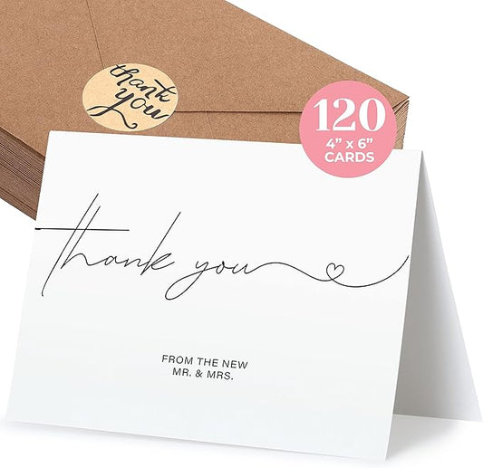 120 Heavyweight Blank Wedding Thank You Cards with Envelopes, Personalized Greetings Gratitude Letter From The New Mr and Mrs, Wedding Thank You Notes with Envelopes & Stickers (4x6 Inches) (120 Pack)