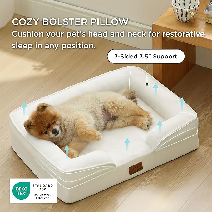 Bedsure Orthopedic Dog Beds for Small Dogs - Washable Small Dog Cat Bed Waterproof, Comfort Pet Couch Sofa with Washable Removable Cover, Pets Bed with Nonskid Bottom, Ivory, 24"