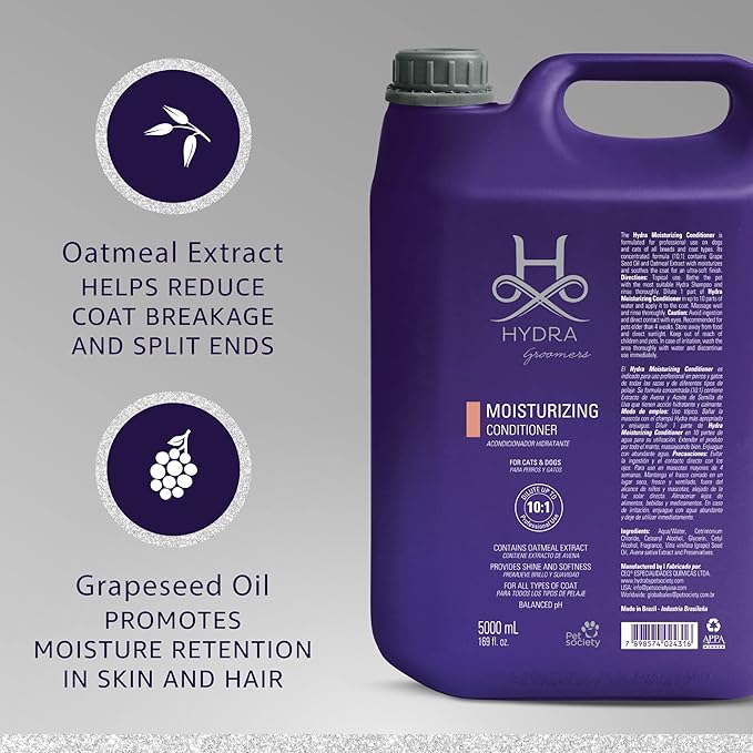 Hydra Professional Moisturizing Dog Conditioner, Oatmeal Hair Conditioner for Dogs and Cats, Suitable for All Breeds and Coat Types, Promotes Shine, 169 fl.oz