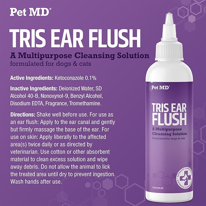 Pet MD Veterinary Tris Flush Cat & Dog Ear Cleaner - Dog Ear Flush - 12 oz