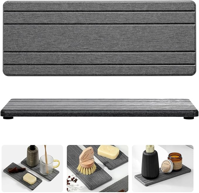 2PCS Diatomite Quick Stone Drying Tray Mat For Bathroom & Kitchen Counter, Instant Dry Water Absorbent Drink Bar Coaster,Vanity Sink Caddy Organizer,Dish Soap Sponge Holder, Dark Gray,9"x3.5"