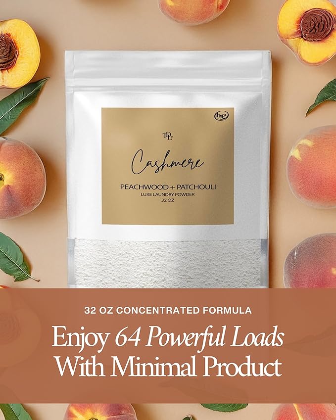 Home "CASHMERE" Powdered Luxury Laundry Detergent Powder & Booster – Ultra-Concentrated Peachwood & Patchouli Scent – Natural, Stain-Fighting, HE Safe, Gentle on Skin – 32 oz/64 Loads