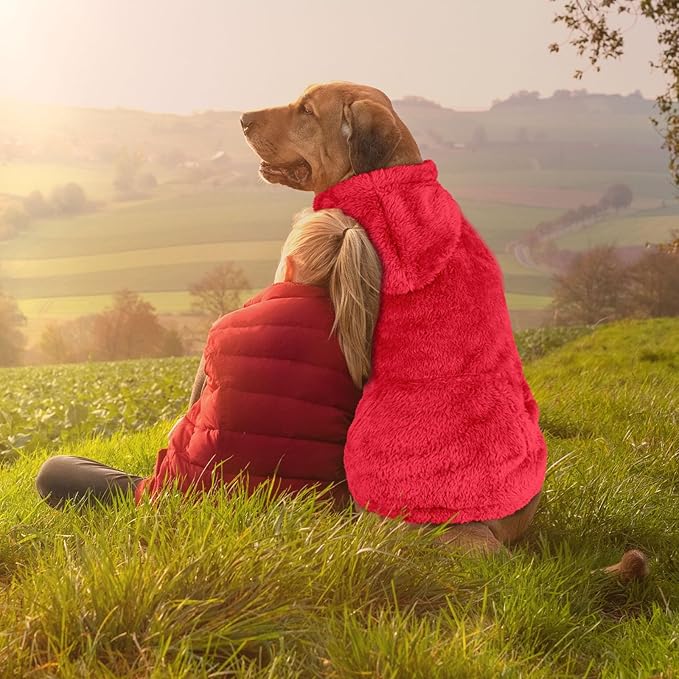 3XL Dog Sweaters for Large Dogs,Dog Hoodie,Warm Fuzzy Fleece Sweatshirt with Hood & Pocket,Leash Hole,Cozy Cold Weather Pet Clothes Sweater Hoodie for Large Dogs(Red,3XL)