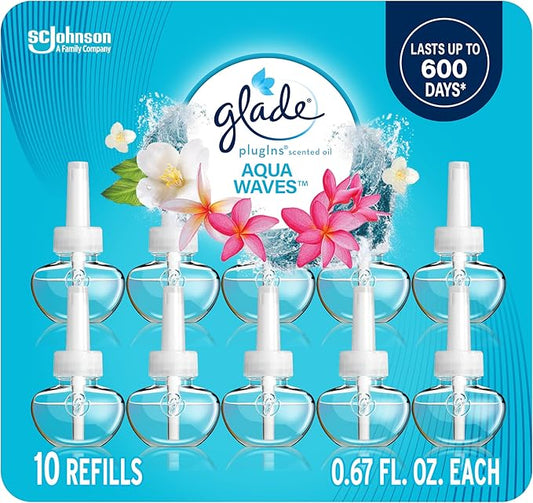 Glade PlugIns Refills Air Freshener, Scented and Essential Oils for Home and Bathroom, Aqua Waves, 6.7 Fl Oz, 10 Count (Packaging May Vary)