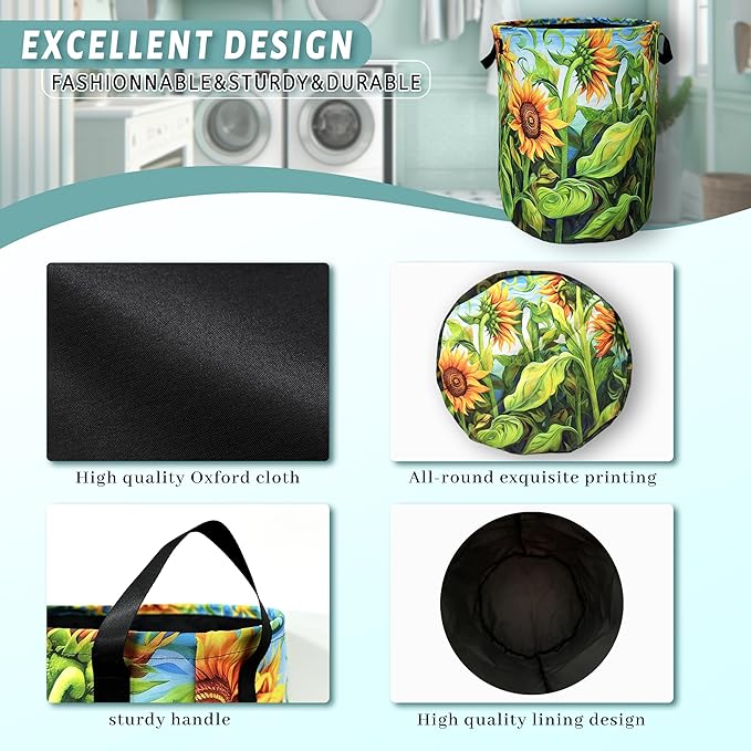 Watercolor Sunflowers Laundry Basket Foldable With Handles Colorful Tote Bag Oxford Cloth Laundry Hamper Clothes Storage Bucket Toy Organizer 18.9" x 16.5" For Bathroom/Laundry/Bedroom
