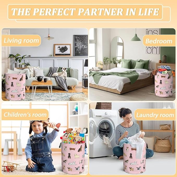 Cute Dogs Pink Laundry Hamper Bag With Waterproof Liner - Round Laundry Basket Foldable Clothes Storage Organizer For Bathroom Bedroom Nursery Dorm, S-16.5"X 13.8"