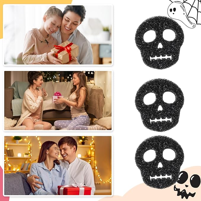 3 Pcs Dual Sided Scrub Sponge Multi Functional Cute Temperature Sensitive Non Scratch Dish Sponge for Washing Dishes Kitchen Bathroom(Skull,Black)