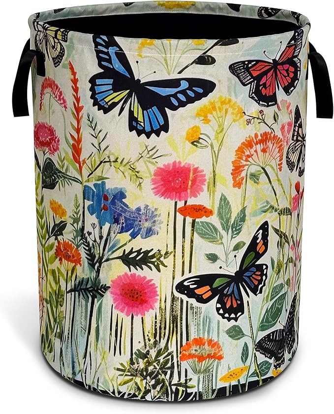 Watercolor Butterfly Laundry Basket Oxford Cloth Flowers Laundry Hamper With Handle Foldable Portable Clothes Storage Basket 18.9 X 16.5 Inch Storage Bag For Laundry Room/Bathroom/Bedroom/Dormitories