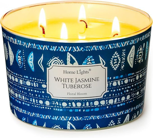 HomeLights Scented Candles for Women & Men, 18oz Candle Jars Aromatherapy 4-Wick Candle, Ideal for Bohemian Natural Textures Home Decor and Gifts, White Jasmine Tuberose