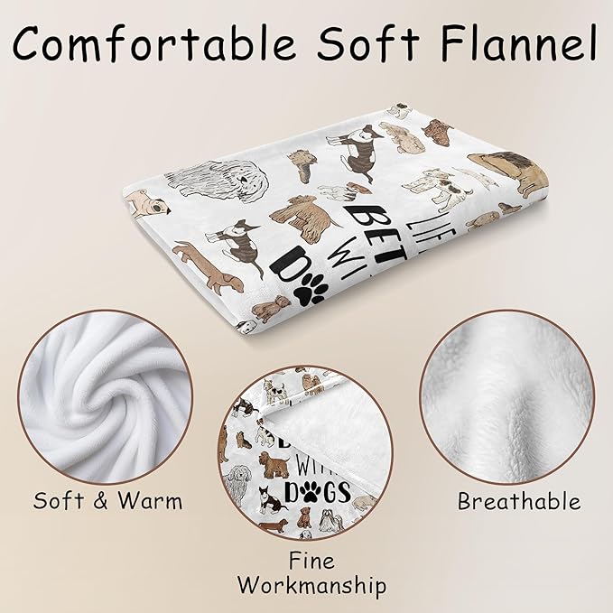 HIWX Dog Blanket, Dogs Blankets, Dog Lover Mom Gifts for Women Owner Lovers, Puppy Mom Blanket, Puppy Throw Blankets, Life is Better with Dogs Themed Throw Blanket for Bed Couch, 50x60 Inches